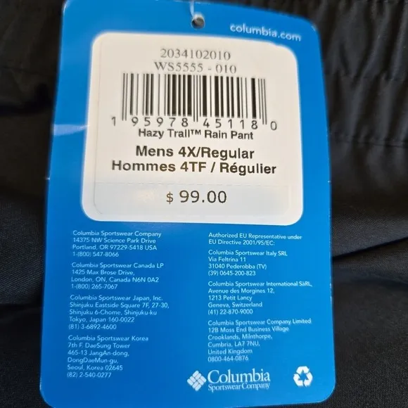 NEW Columbia Hazy Trail mens Rain Pants 4X regular Waterproof Omnitech 50x31