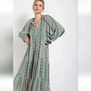 New! Easel Paisley Mint Green Printed Long Sleeve Gauze Maxi Dress