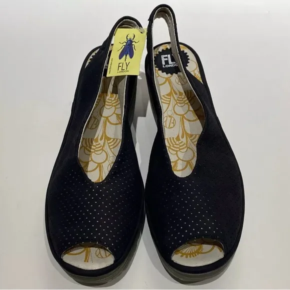 New Fly London Yazu Black Wedge Sandals42 (11-11.5)