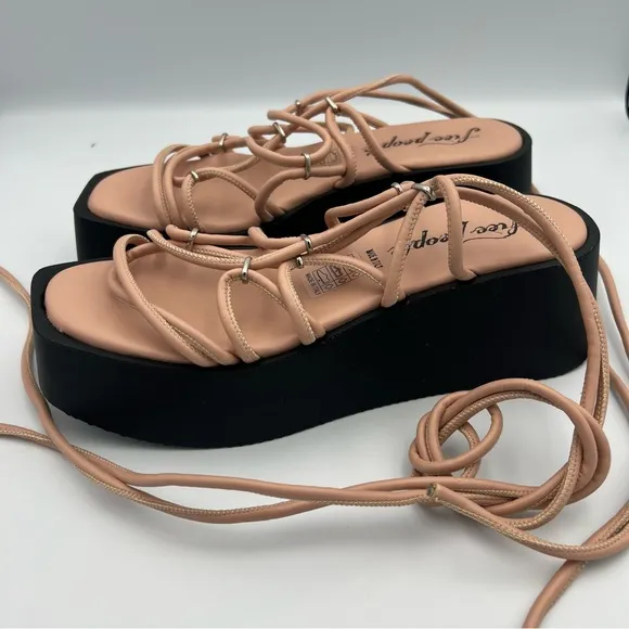 NEW Free People Georgie Lace Up Platform Sandal Nude Leather Sz 39/8.5 Women