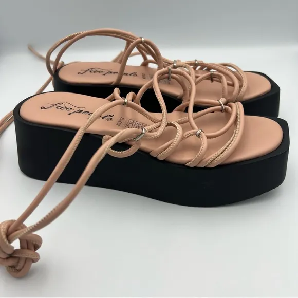 NEW Free People Georgie Lace Up Platform Sandal Nude Leather Sz 39/8.5 Women