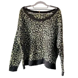 NEW Free People Cool Cat Oversized Leopard Gray‎ &amp; Mint Sweater— SZ M