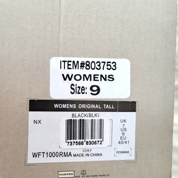 New, In Box, Hunter Women's Original Tall Black Rain Boots