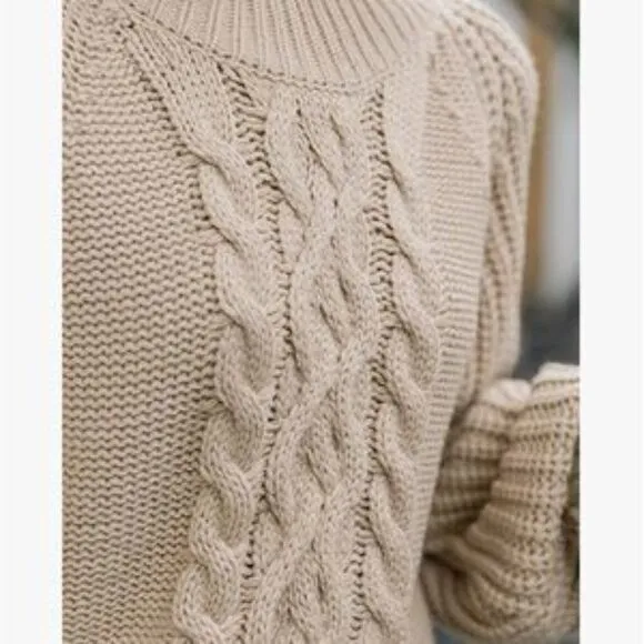 New Khaki Mock Neck Cable Knit Chunky Sweater