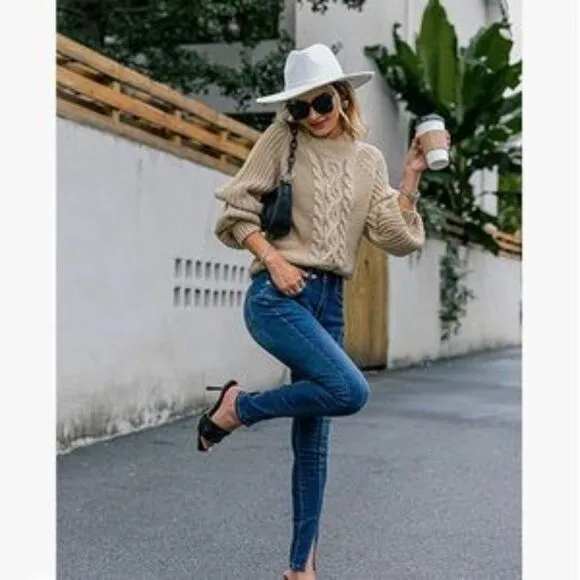 New Khaki Mock Neck Cable Knit Chunky Sweater