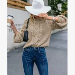 New Khaki Mock Neck Cable Knit Chunky Sweater