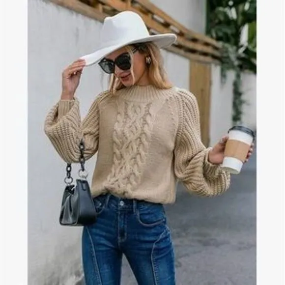 New Khaki Mock Neck Cable Knit Chunky Sweater
