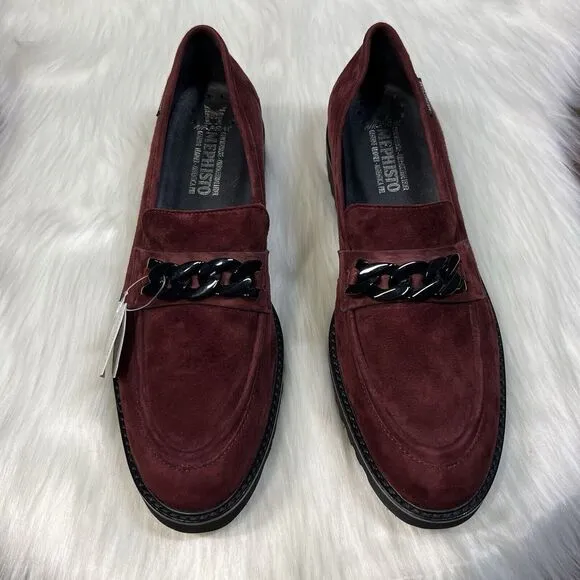 NEW Mephisto Women's Size 11 Cordovan Red Suede Salka Chain Detail‎ Loafer Shoes