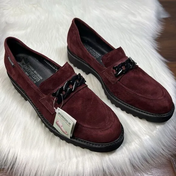 NEW Mephisto Women's Size 11 Cordovan Red Suede Salka Chain Detail‎ Loafer Shoes