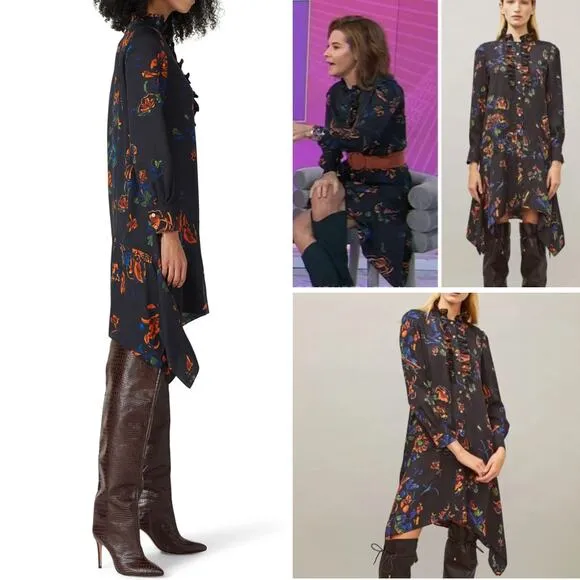 NEW TORY BURCH DRESS BLACK CORA FLORAL RUFFLE ASYMMETRICAL CREPE PLEATED SHORT