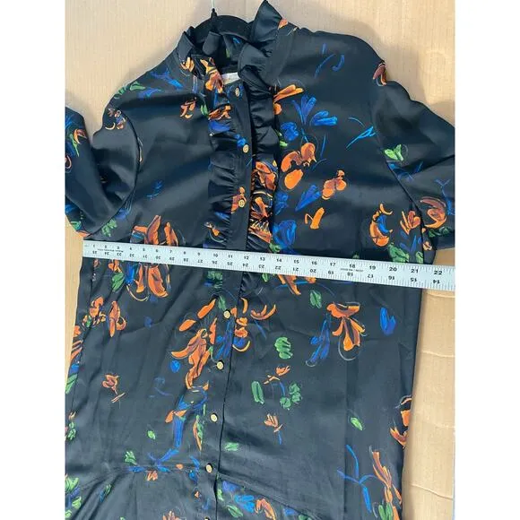 NEW TORY BURCH DRESS BLACK CORA FLORAL RUFFLE ASYMMETRICAL CREPE PLEATED SHORT