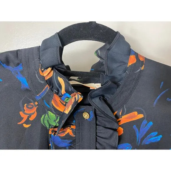NEW TORY BURCH DRESS BLACK CORA FLORAL RUFFLE ASYMMETRICAL CREPE PLEATED SHORT