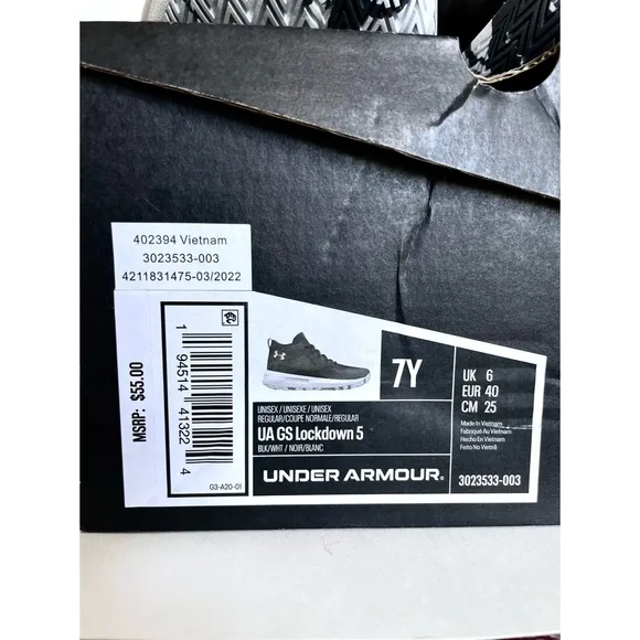 NEW! UNDER ARMOUR YOUTH UA GS LOCKDOWN 5 SZ 7Y BLACK &amp; WHITE SHOES 3023533-003