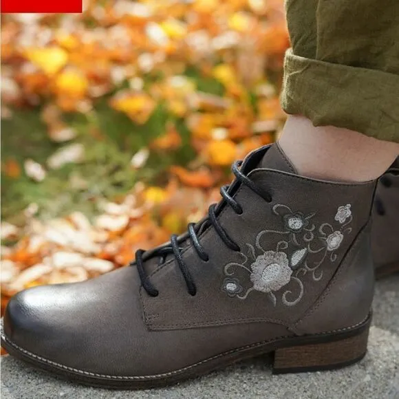 New Unity in Diversity LIZ-ANDRE Gray high top Boots leather embroidered flowers