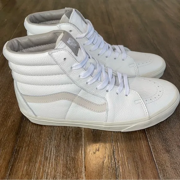 NEW! Vans White Leather Sk8 Hi High Top Sneakers Mens 9 Womens 10.5 Grey Stripe