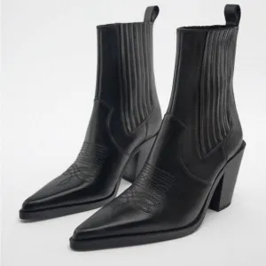 New! Zara Sz 5, cowboy shaft leather block heel  ankle boots .