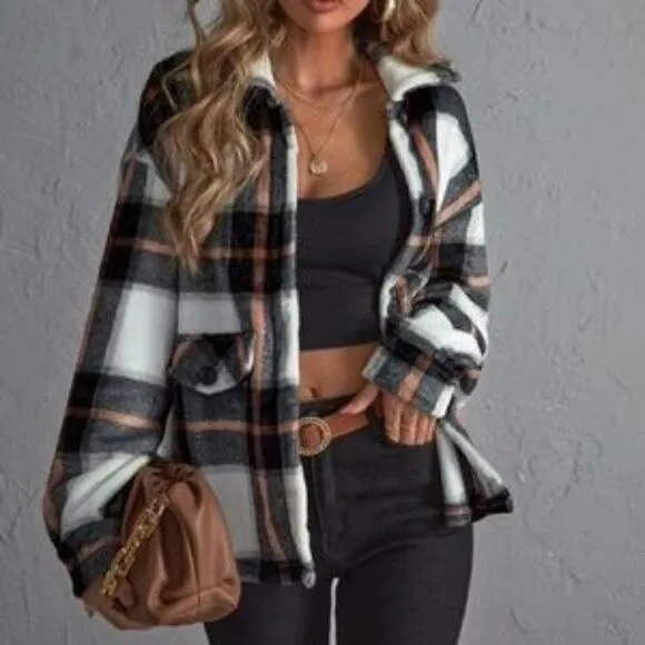 New Cozy White Black Plaid Boyfriend Jacket Oversized Shacket
