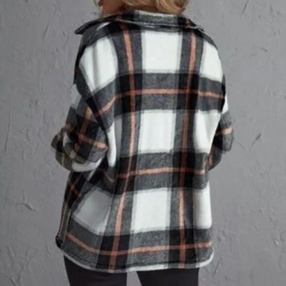New Cozy White Black Plaid Boyfriend Jacket Oversized Shacket