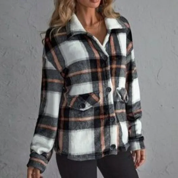 New Cozy White Black Plaid Boyfriend Jacket Oversized Shacket