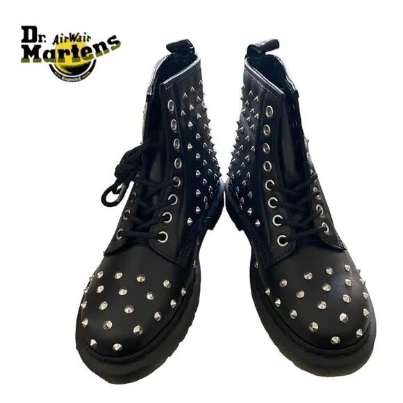 NEW Dr. Martens 1460 Stud Women's Black Wanama Leather Lace Boots 5