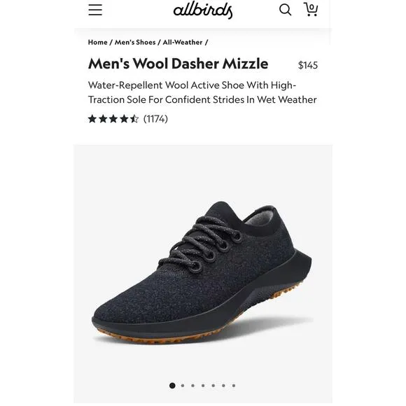 NIB! Allbirds Mens Sustainable Wool Dasher 2 Mizzle in Natural Black - Size 13.5