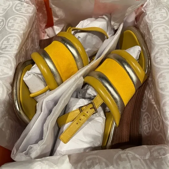 NIB Tory Burch Puffy Wedge Sandals Shoes - Sz 6.5 - Goldfinch Yellow