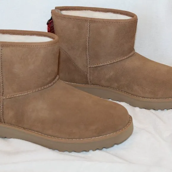 NIB UGG WOMEN'S CLASSIC MINI‎ ZIP SUEDE SHEARLING BOOTIE BOOTS CHESTNUT