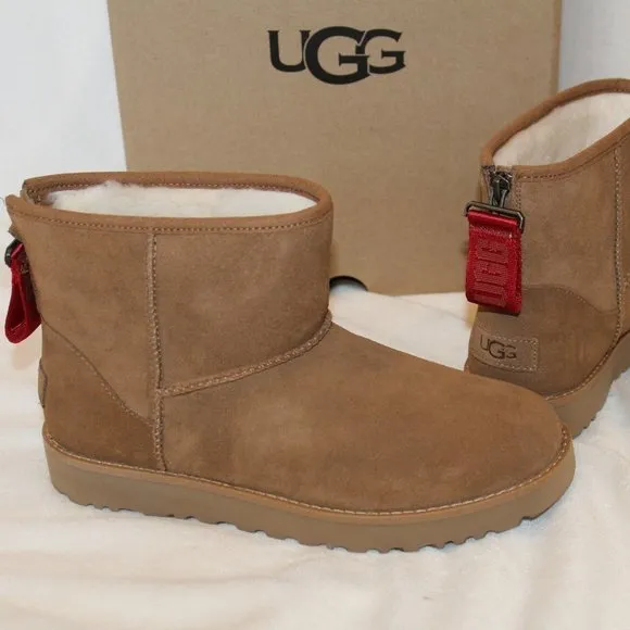 NIB UGG WOMEN'S CLASSIC MINI‎ ZIP SUEDE SHEARLING BOOTIE BOOTS CHESTNUT
