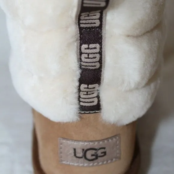 NIB UGG WOMEN'S MINI‎ CUFF FLUFF SUEDE SHEARLING BOOTS CHESTNUT BROWN