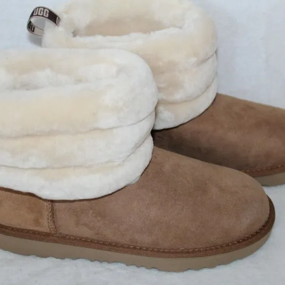 NIB UGG WOMEN'S MINI‎ CUFF FLUFF SUEDE SHEARLING BOOTS CHESTNUT BROWN