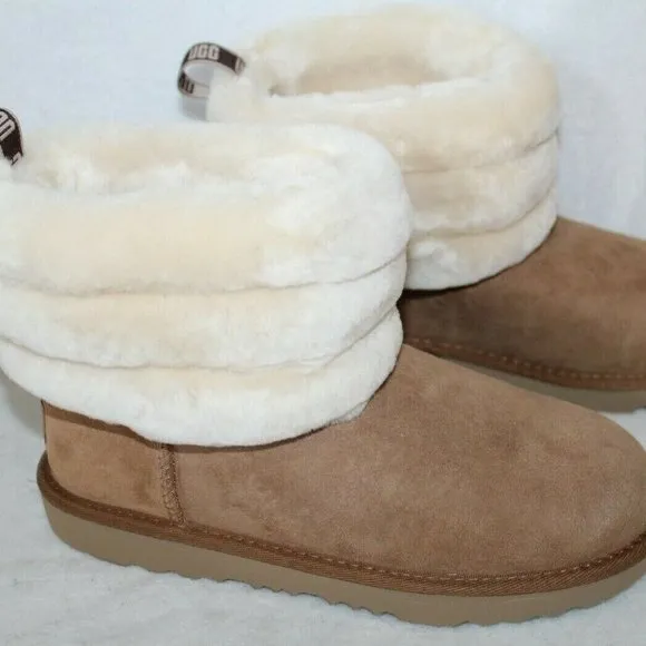 NIB UGG WOMEN'S MINI‎ CUFF FLUFF SUEDE SHEARLING BOOTS CHESTNUT BROWN