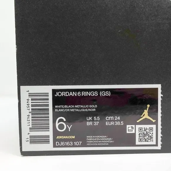 Nike Air Jordan 6 Rings GS White Black Gold DJ6163-107 6Y Women's 7.5
