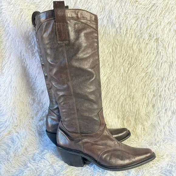 Nine West Brown Leather Fashion Cowboy Boots - Size 9 - 15&quot; Shaft