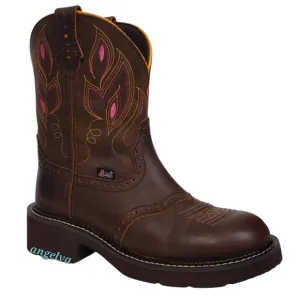 NWB Justin 6B Gemma 8&quot; pull on western boots dark brown embroidered leather
