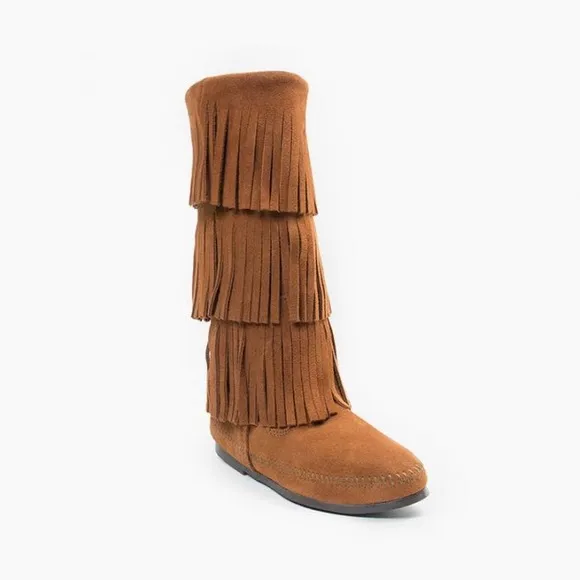 NWOB MINNETONKA 3-Layer Fringe Suede Leather Boot Brown 6