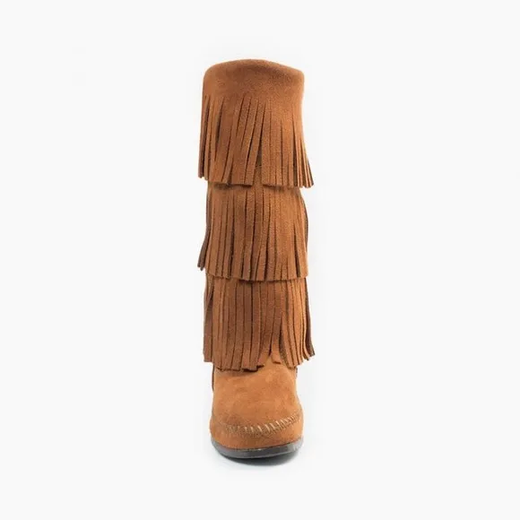 NWOB MINNETONKA 3-Layer Fringe Suede Leather Boot Brown 6