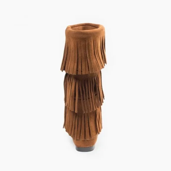 NWOB MINNETONKA 3-Layer Fringe Suede Leather Boot Brown 6