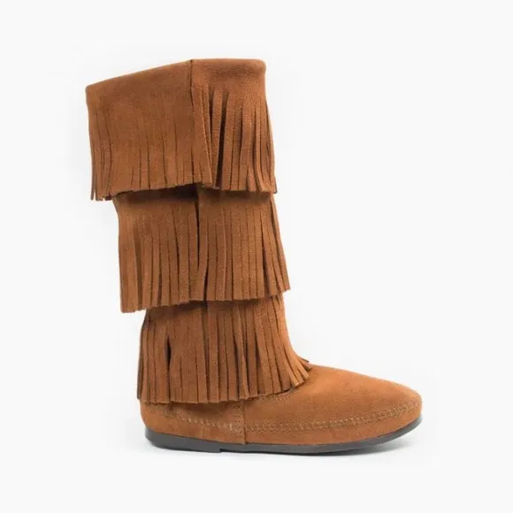 NWOB MINNETONKA 3-Layer Fringe Suede Leather Boot Brown 6