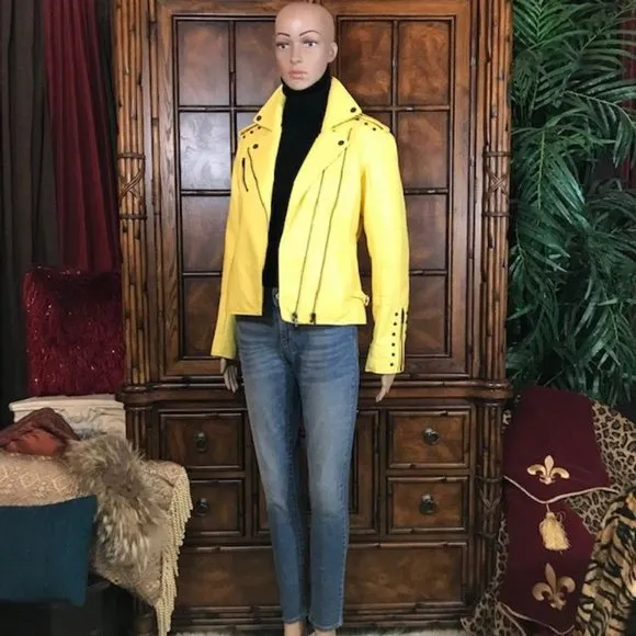 NWOT Colleen Lopez Lemon Twist Faux Leather Stud Moto Jacket