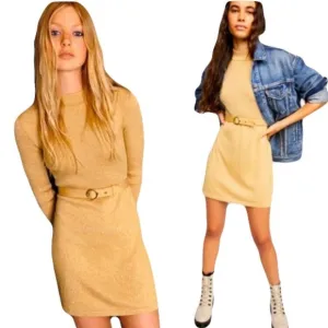 NWOT Free People Gold Ribbed Belted Mini Dress