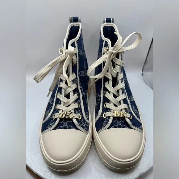 NWOT Michael Kors Envy Empire Logo Blue and Cream High-Top Sneakers Wmns Size 10