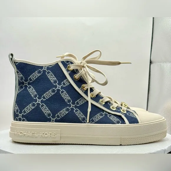 NWOT Michael Kors Envy Empire Logo Blue and Cream High-Top Sneakers Wmns Size 10