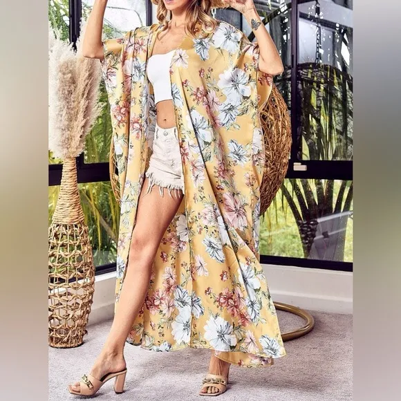 NWT BiBi Tropical Floral Print Side Slit Longline Cardigan Wrap Sweater