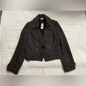 NWT Cabi | Black Tan Wool Blend Tweed Biker Jacket Blazer Cropped Moto Jacket