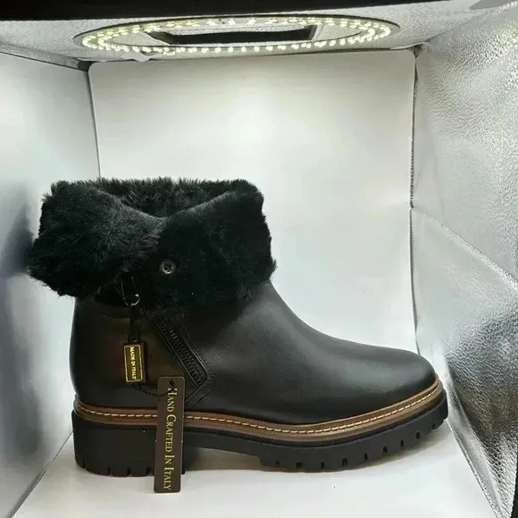 NWT🇮🇹 Fabianelli Black  Leather Suede Shearling Boots 40EU 9US Made In Italy