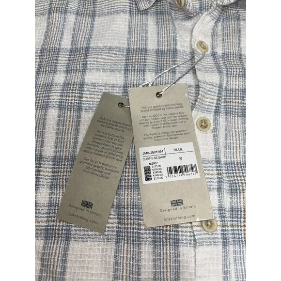 NWT Folk Curtis Plaid Short Sleeve Button Up Tee In Blue Small Linen Blend $155