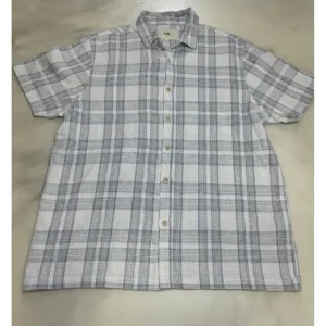 NWT Folk Curtis Plaid Short Sleeve Button Up Tee In Blue Small Linen Blend $155