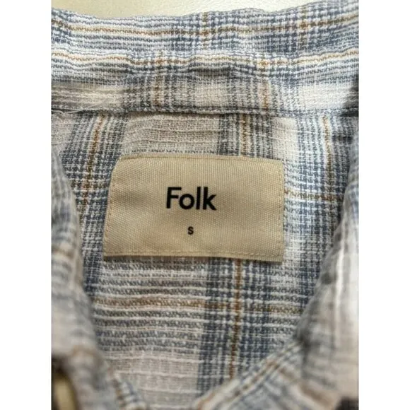NWT Folk Curtis Plaid Short Sleeve Button Up Tee In Blue Small Linen Blend $155