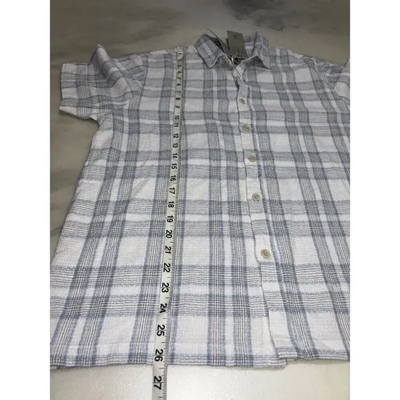 NWT Folk Curtis Plaid Short Sleeve Button Up Tee In Blue Small Linen Blend $155