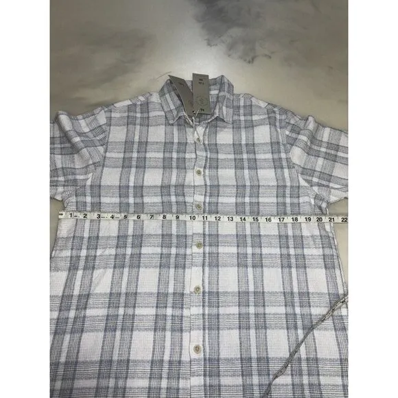 NWT Folk Curtis Plaid Short Sleeve Button Up Tee In Blue Small Linen Blend $155